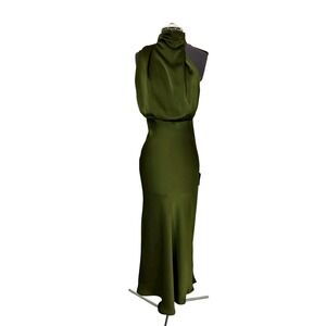 Lulus Distinctive Charm Olive Green Satin Asymmetrical Blousy Midi Dress S